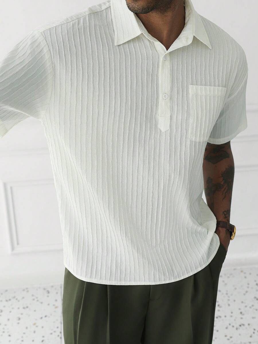 Mens Short Sleeve Crochet Shirt Jacquard Stripe Loose Fit – Darco