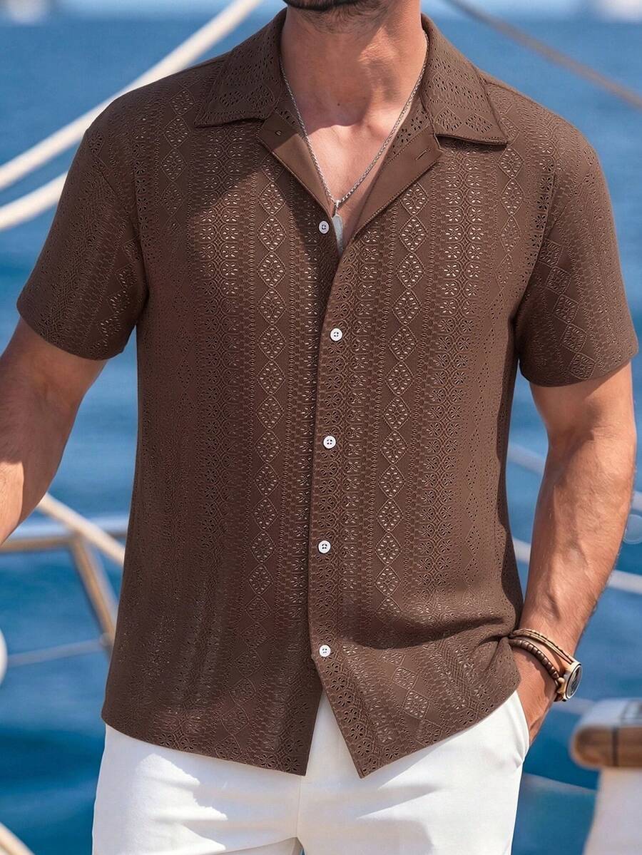 Mens Short Sleeve Crochet Shirt Jacquard Stripe Loose Fit – Darco