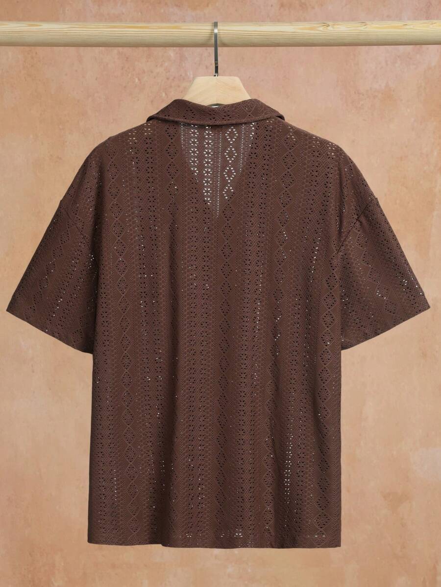 Mens Short Sleeve Crochet Shirt Jacquard Stripe Loose Fit – Darco