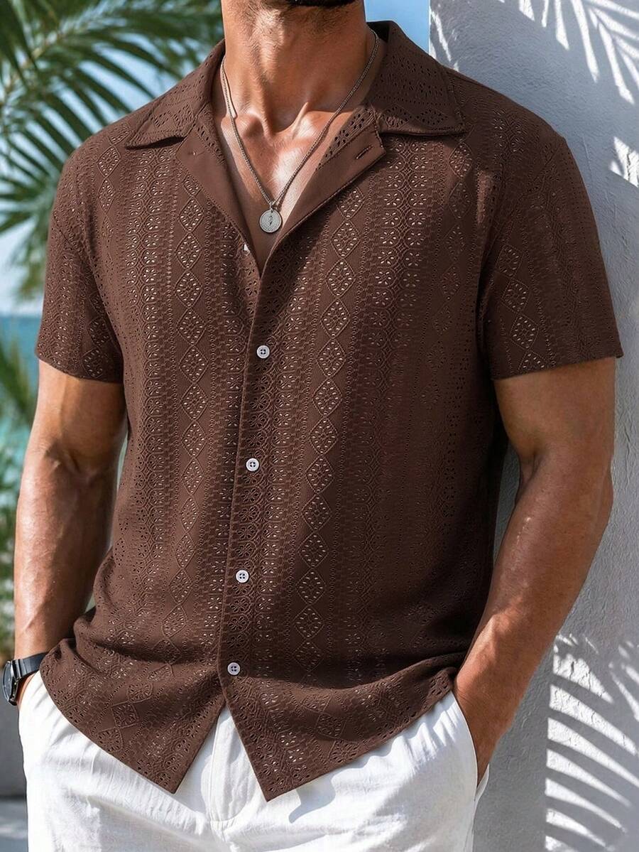 Mens Short Sleeve Crochet Shirt Jacquard Stripe Loose Fit – Darco