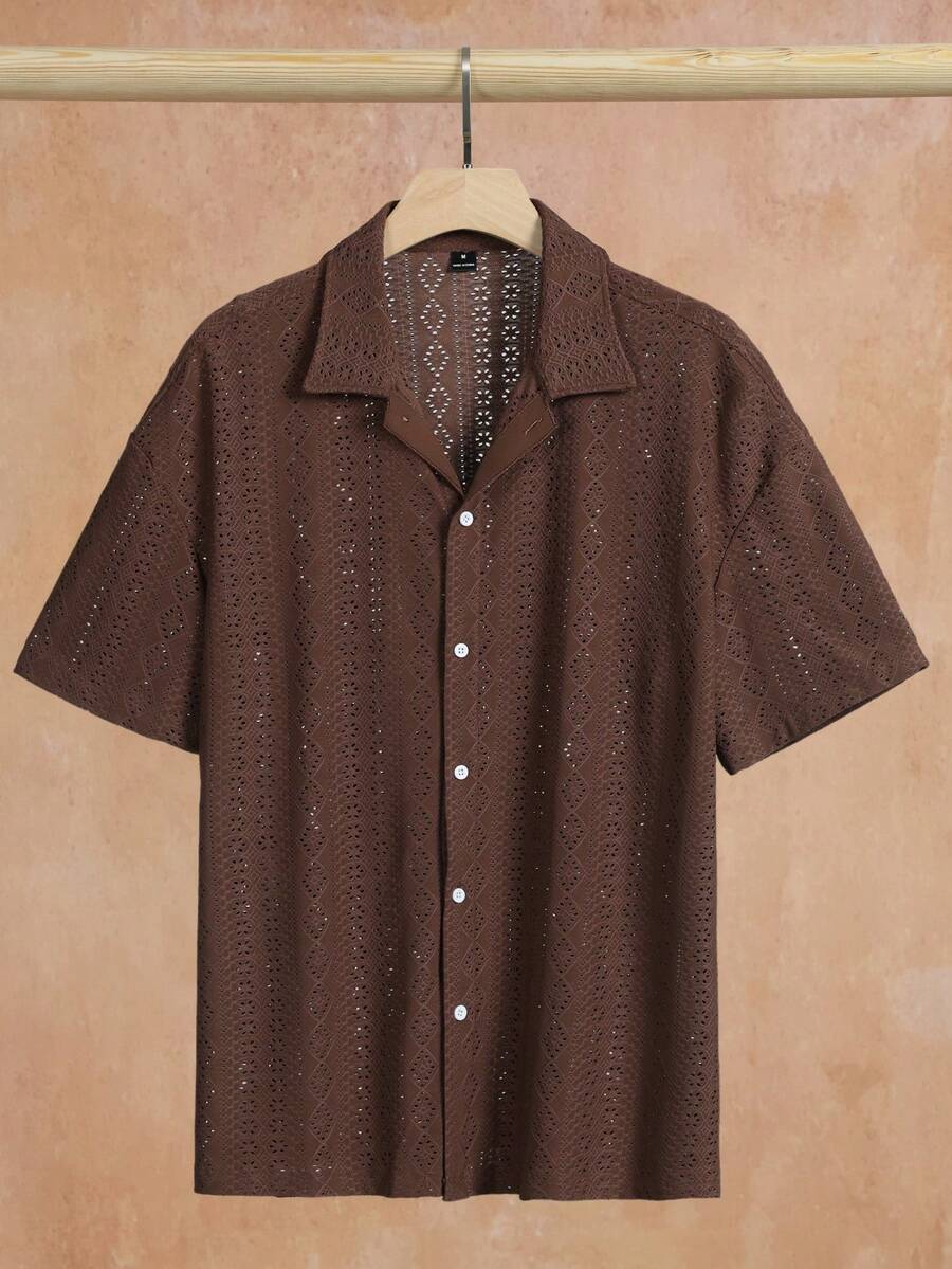Mens Short Sleeve Crochet Shirt Jacquard Stripe Loose Fit – Darco