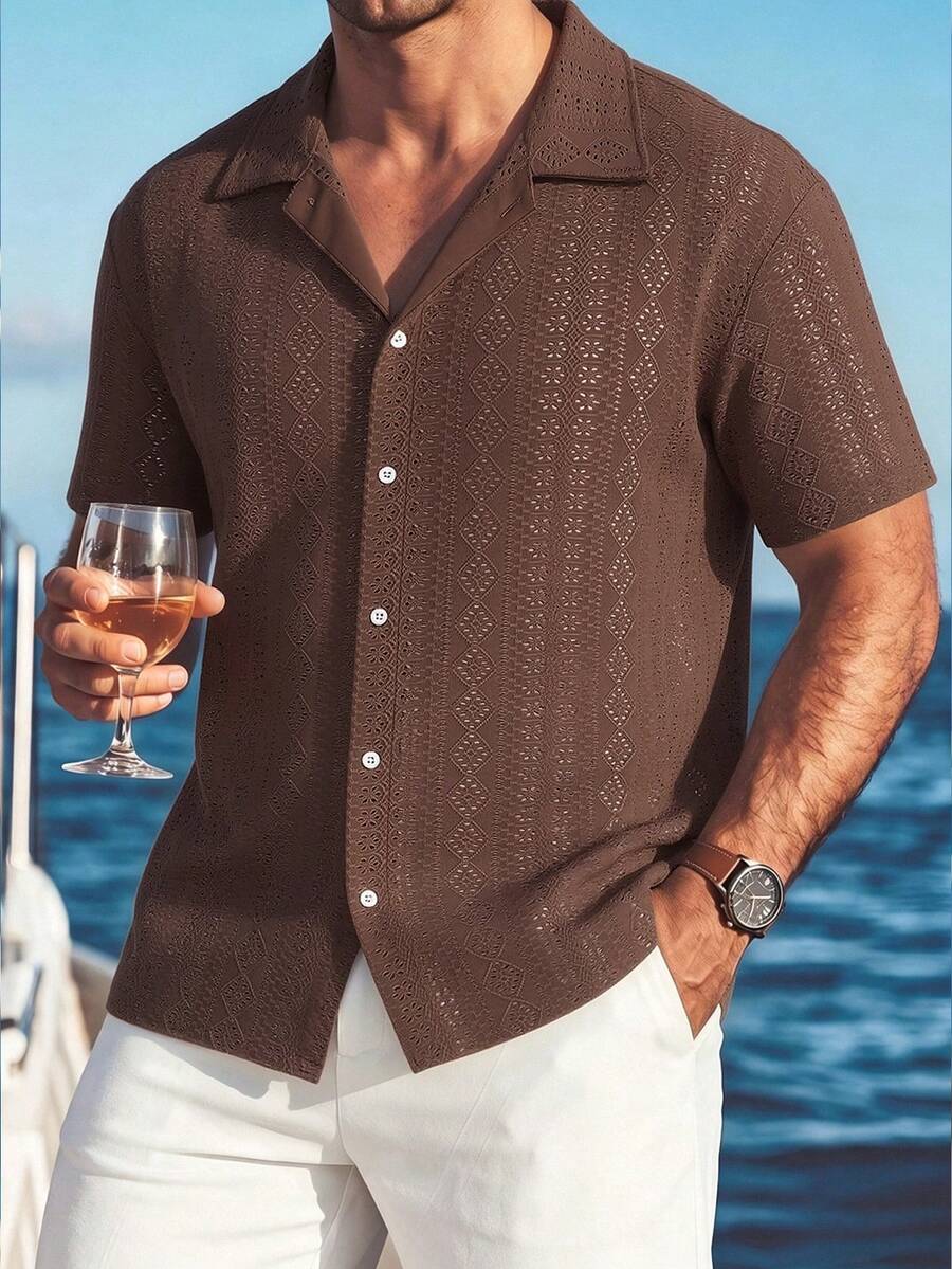 Mens Short Sleeve Crochet Shirt Jacquard Stripe Loose Fit – Darco