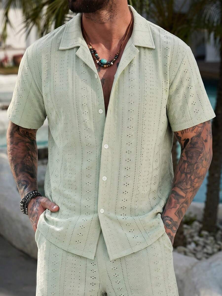 Mens Short Sleeve Crochet Shirt Jacquard Stripe Loose Fit – Darco