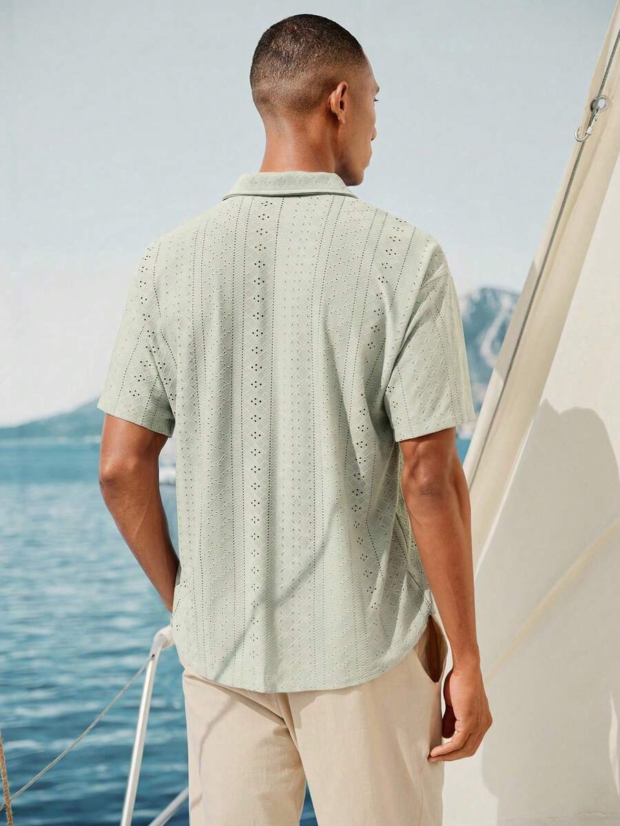 Mens Short Sleeve Crochet Shirt Jacquard Stripe Loose Fit – Darco