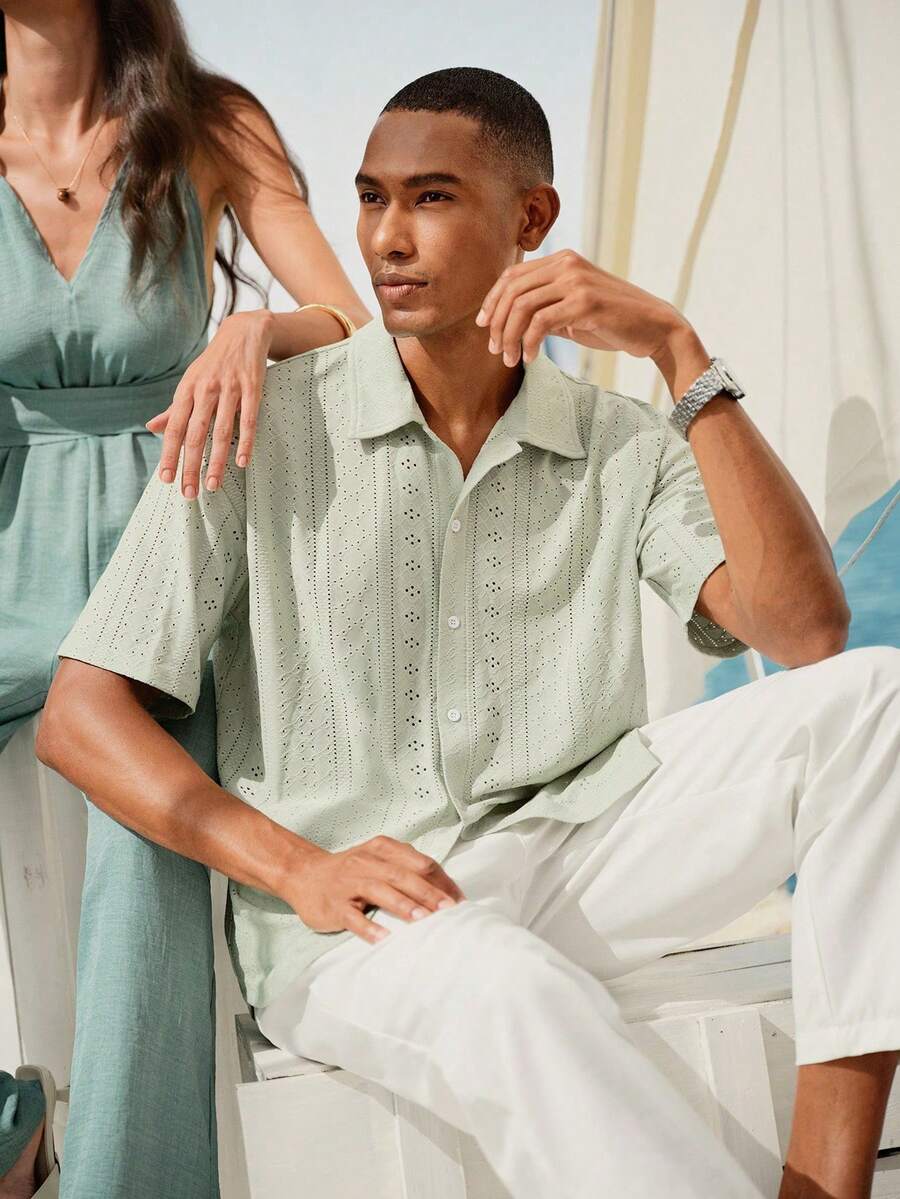 Mens Short Sleeve Crochet Shirt Jacquard Stripe Loose Fit – Darco