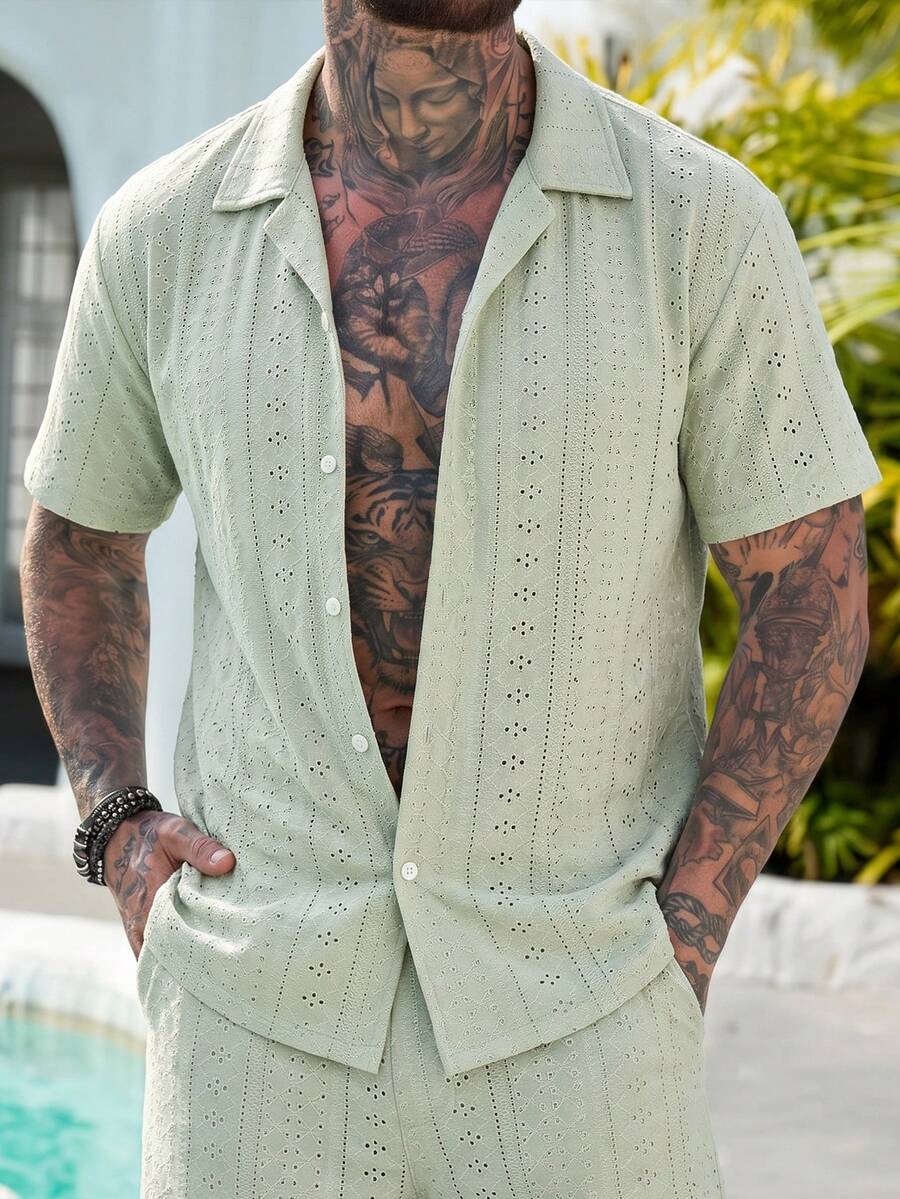 Mens Short Sleeve Crochet Shirt Jacquard Stripe Loose Fit – Darco