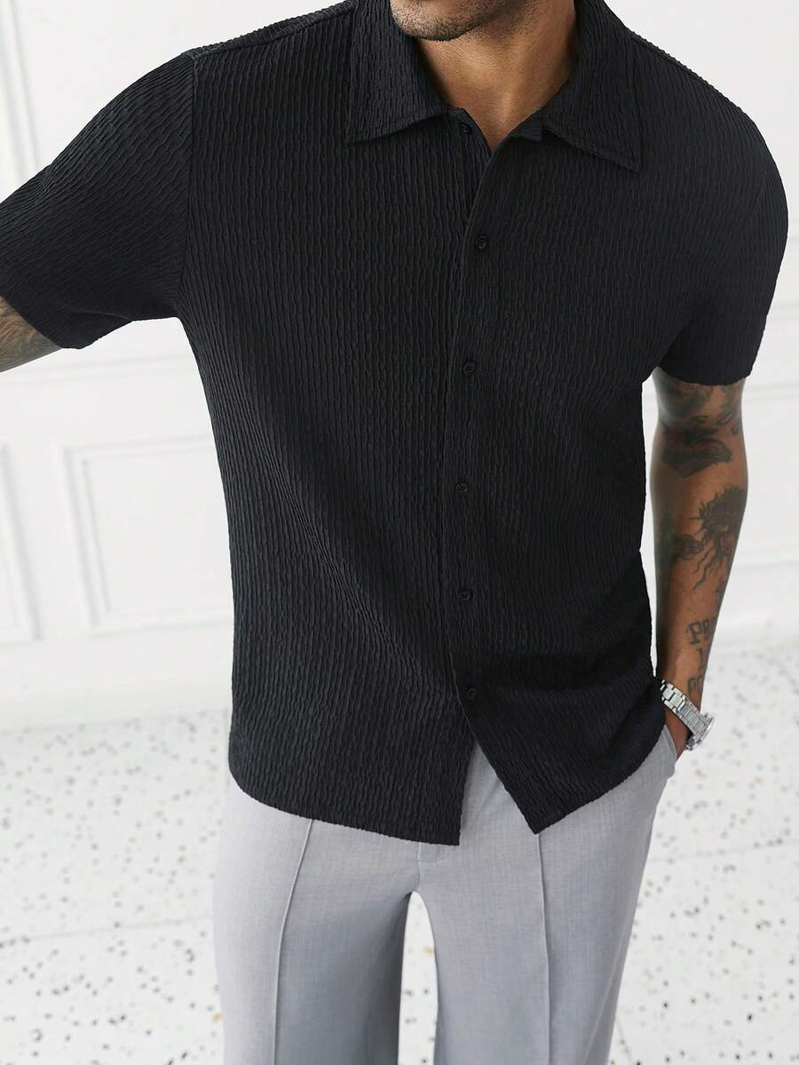 Mens Short Sleeve Crochet Knit Shirt Open Weave Casual Summer