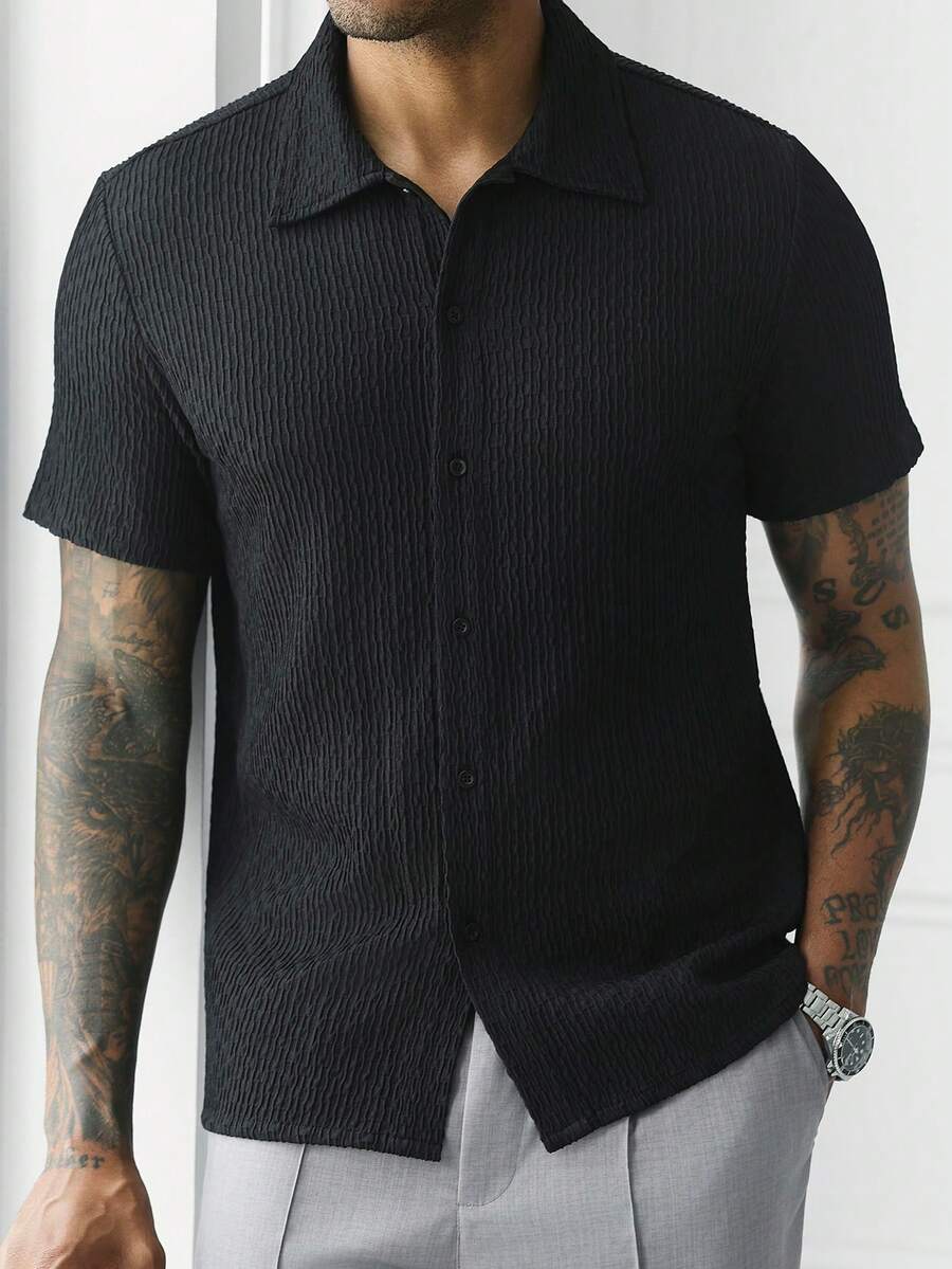 Mens Short Sleeve Crochet Knit Shirt Open Weave Casual Summer