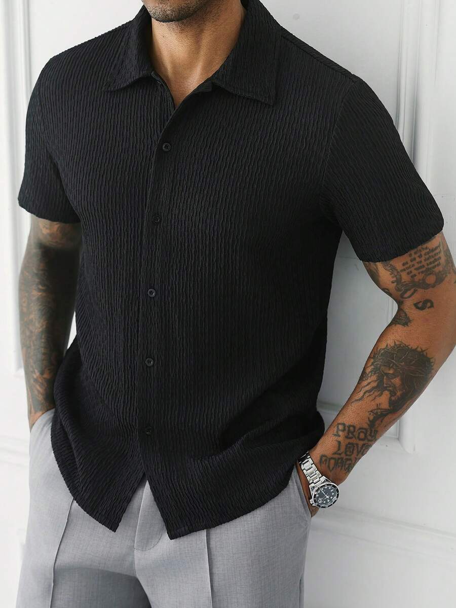 Mens Short Sleeve Crochet Knit Shirt Open Weave Casual Summer