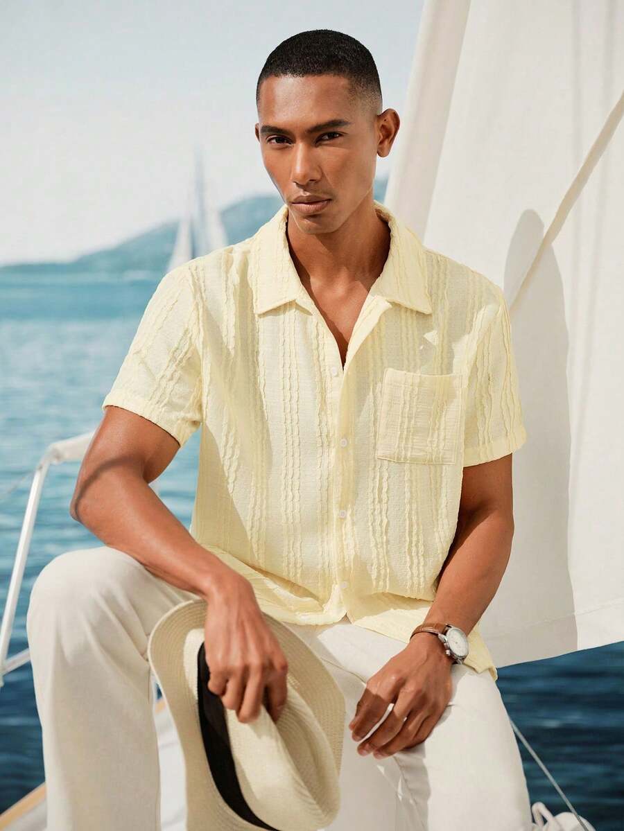 Mens Short Sleeve Crochet Knit Shirt Open Weave Casual Summer