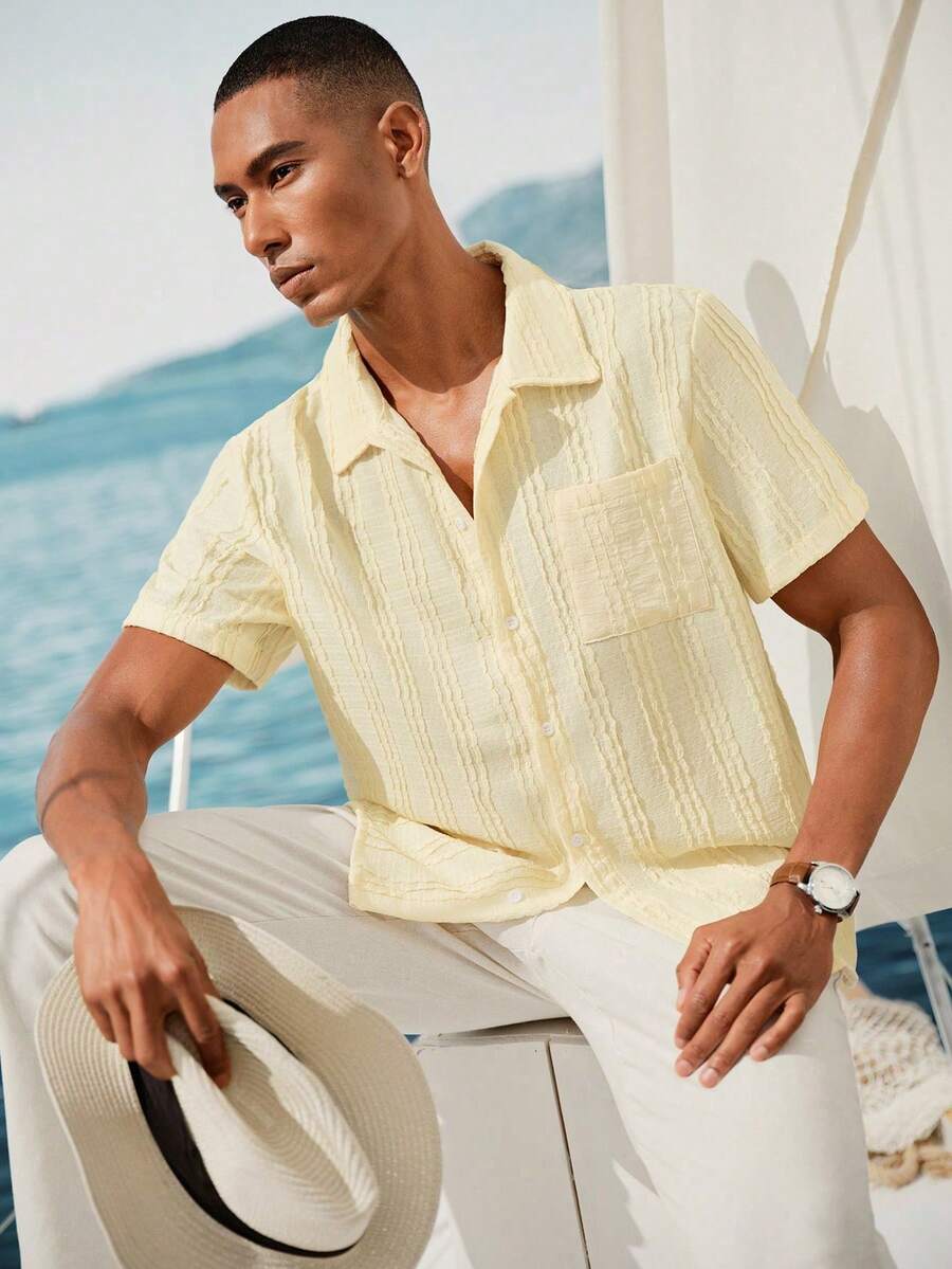Mens Short Sleeve Crochet Knit Shirt Open Weave Casual Summer