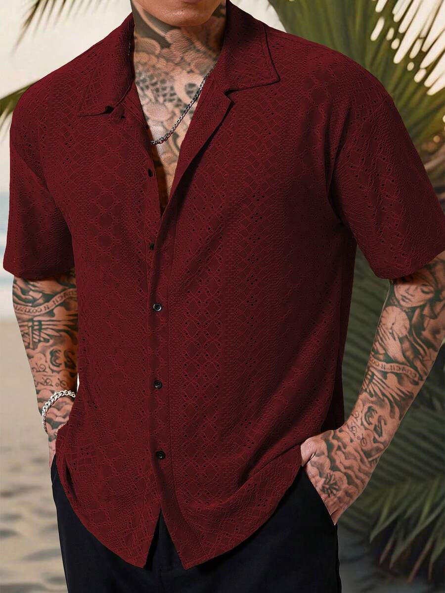 Mens Short Sleeve Crochet Shirt Jacquard Stripe Loose Fit – Darco