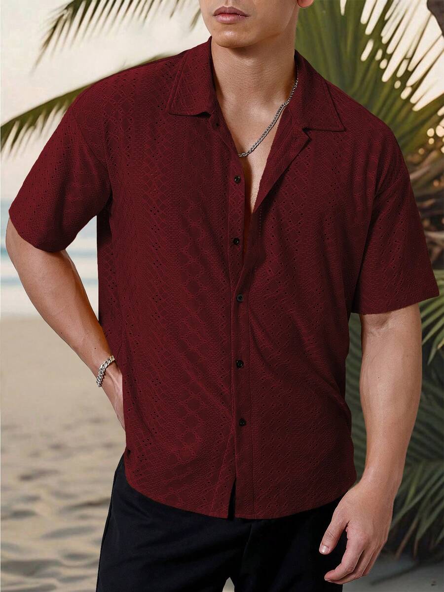 Mens Short Sleeve Crochet Shirt Jacquard Stripe Loose Fit – Darco