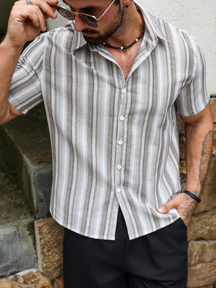 Mens Short Sleeve Button-Down Shirt Polyester Blend Regular Fit – Faldon