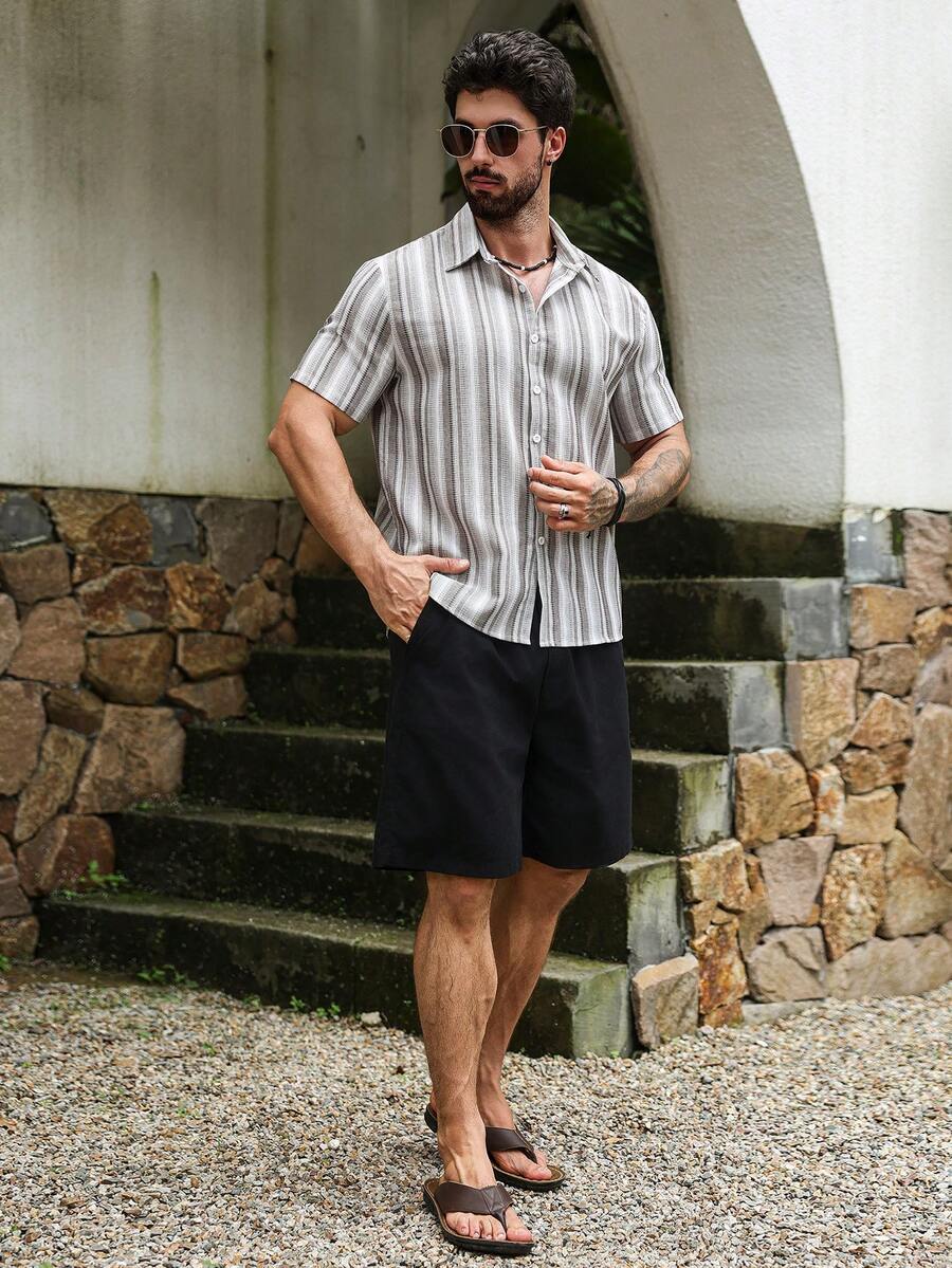 Mens Short Sleeve Button-Down Shirt Polyester Blend Regular Fit – Faldon