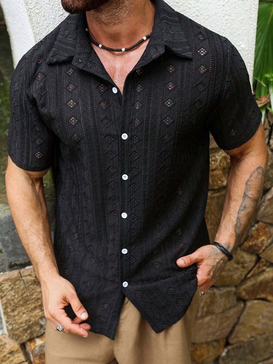 Mens Short Sleeve Crochet Knit Shirt Open Weave Casual Summer