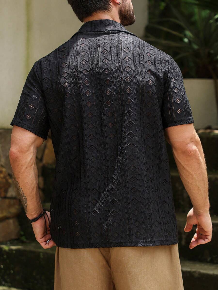 Mens Short Sleeve Crochet Knit Shirt Open Weave Casual Summer