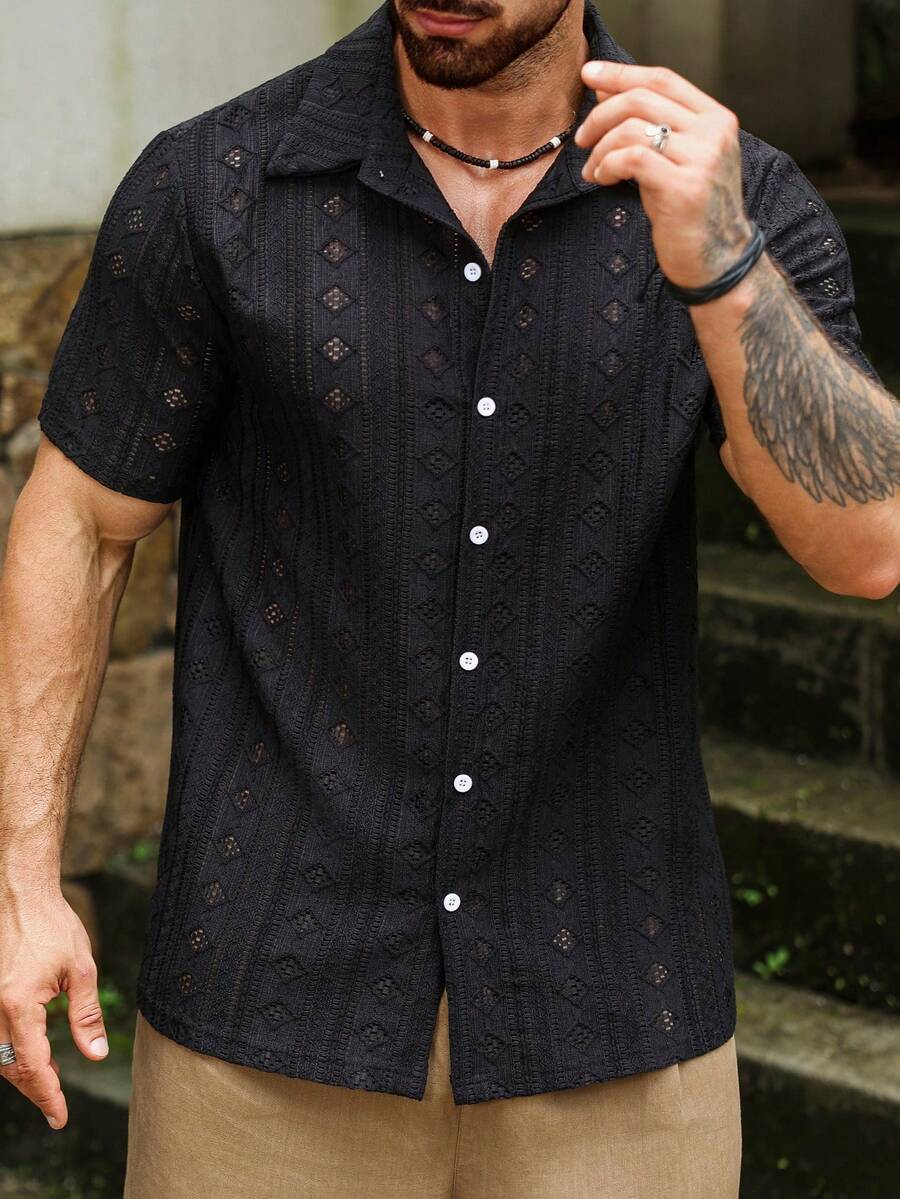 Mens Short Sleeve Crochet Knit Shirt Open Weave Casual Summer