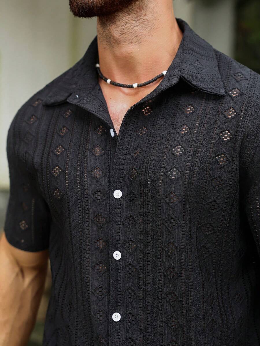 Mens Short Sleeve Crochet Knit Shirt Open Weave Casual Summer