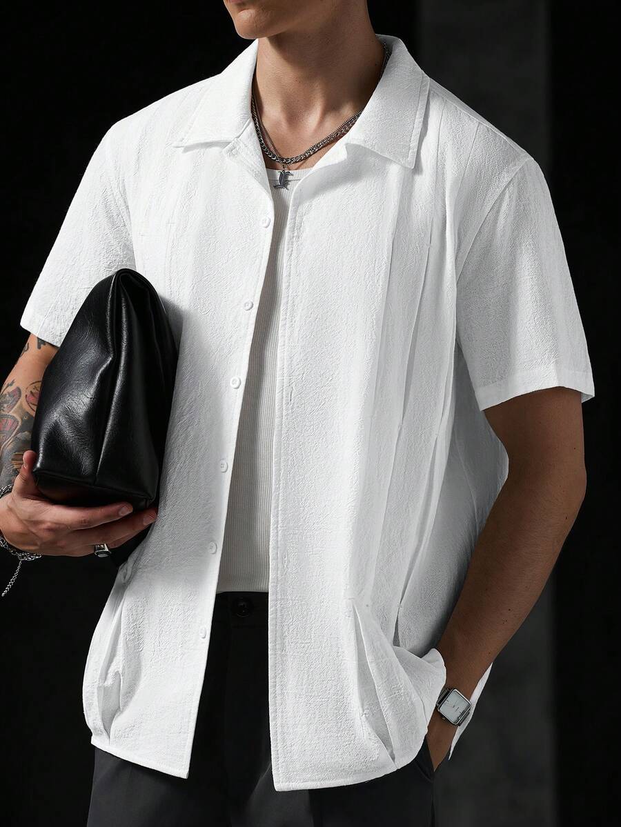 Mens Short Sleeve Shirt Solid Color Single-Breasted Casual – Vanto