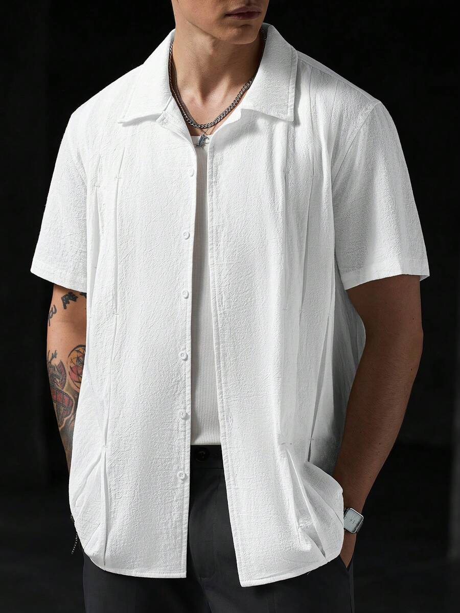Mens Short Sleeve Shirt Solid Color Single-Breasted Casual – Vanto
