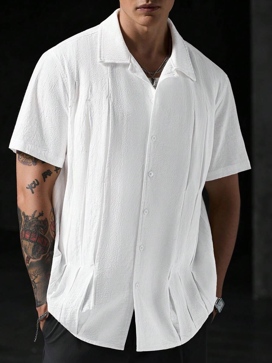 Mens Short Sleeve Shirt Solid Color Single-Breasted Casual – Vanto