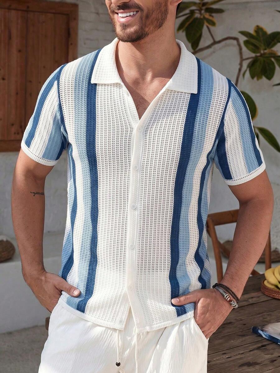 Mens Short Sleeve Crochet Knit Shirt Stripe Button Front – Vanto