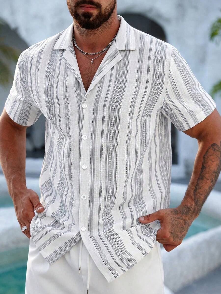 Mens Short Sleeve Button-Down Shirt Polyester Blend Regular Fit – Faldon