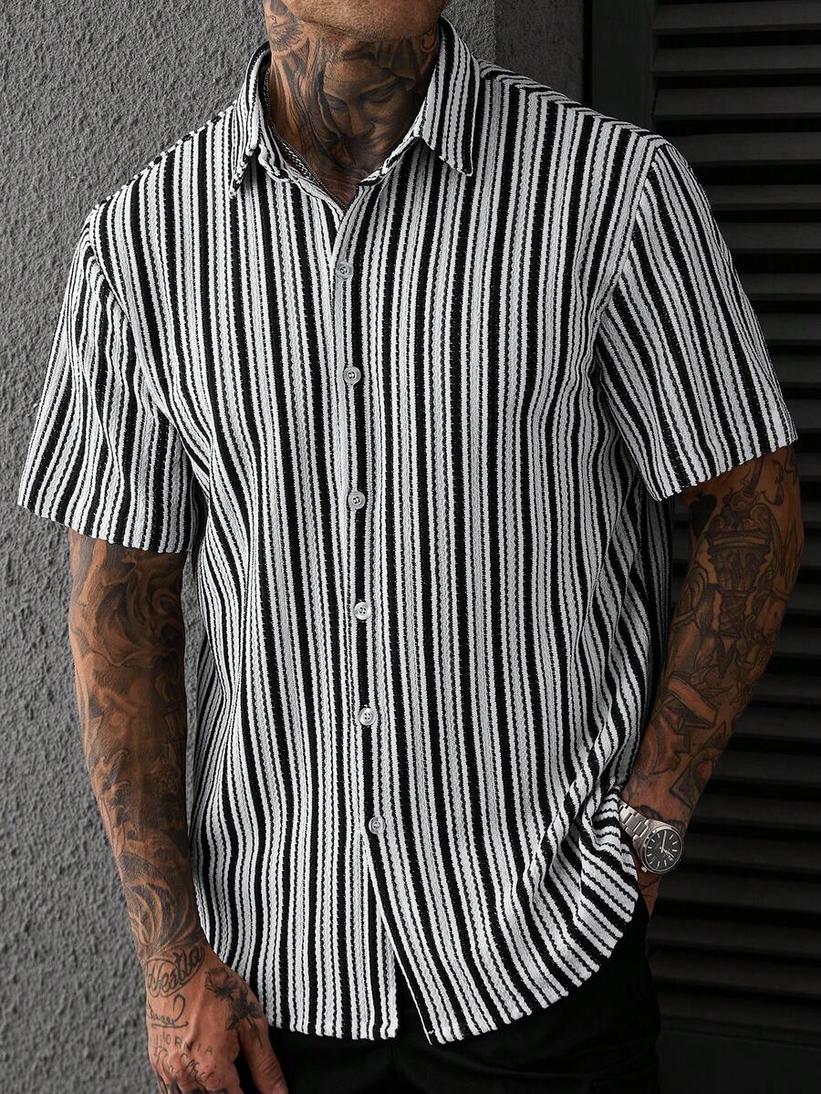 Mens Short Sleeve Button-Down Shirt Polyester Blend Regular Fit – Faldon