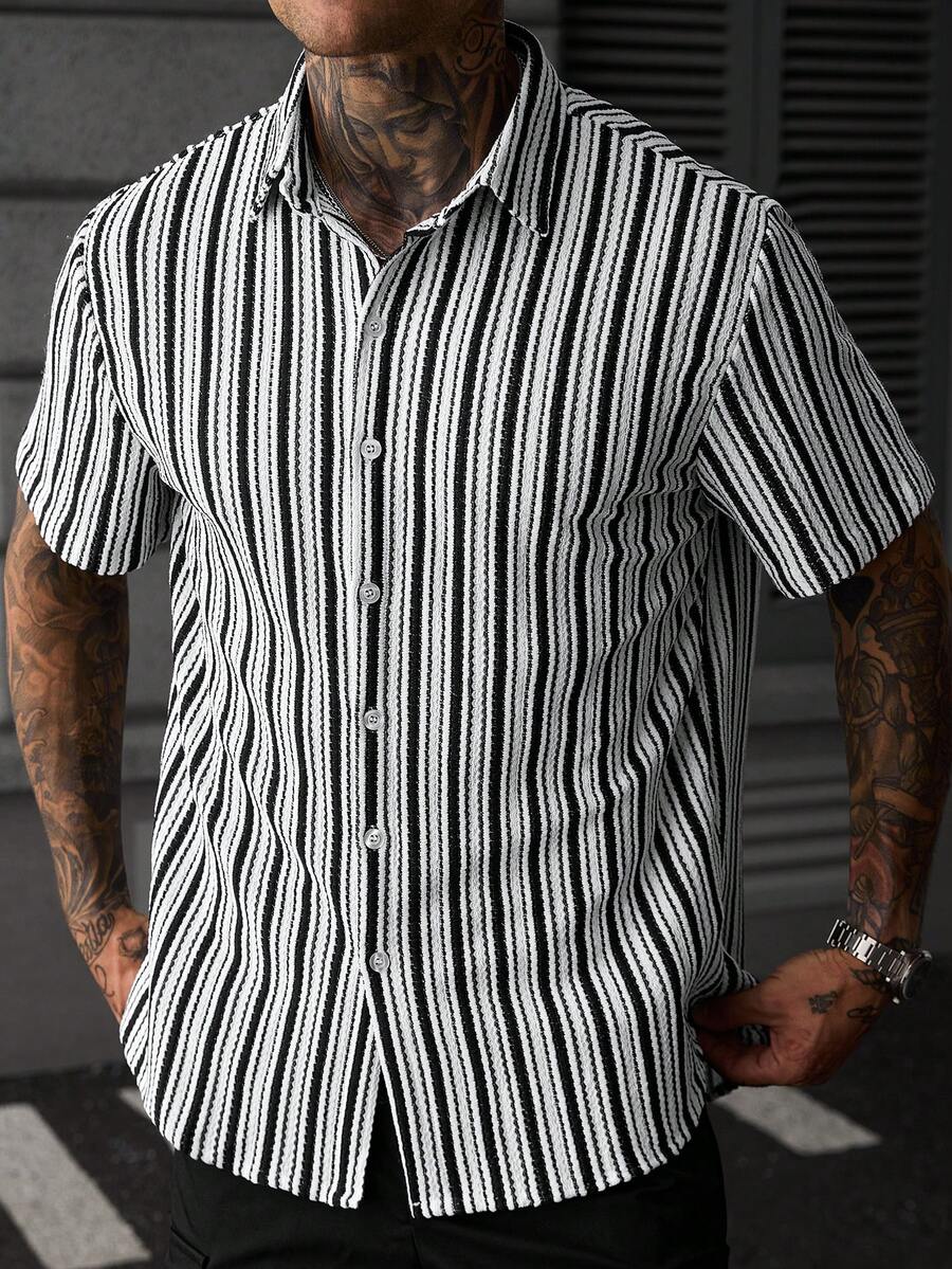 Mens Short Sleeve Button-Down Shirt Polyester Blend Regular Fit – Faldon