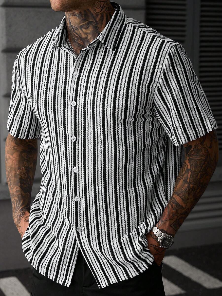Mens Short Sleeve Button-Down Shirt Polyester Blend Regular Fit – Faldon