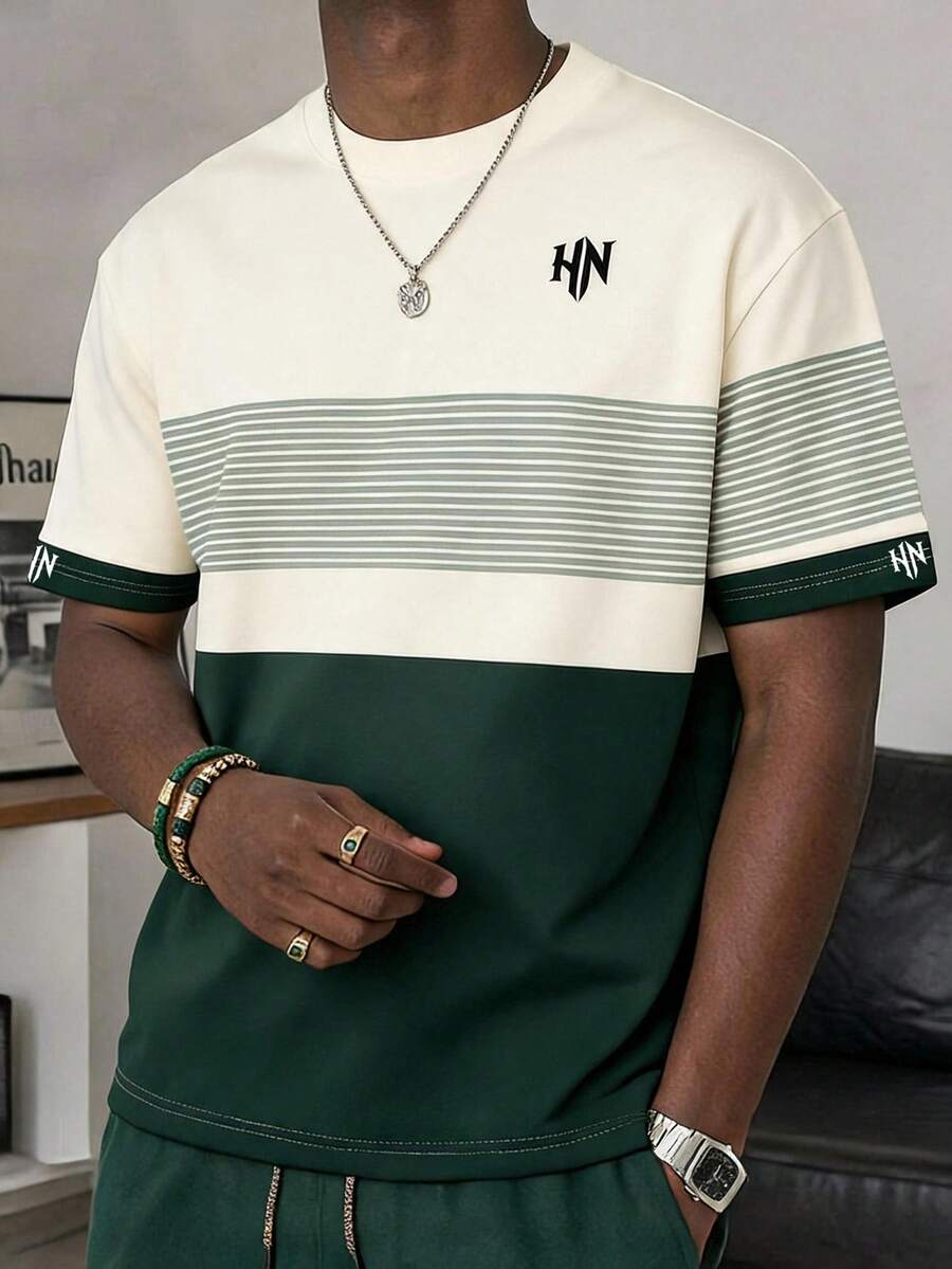 Mens T-Shirt Color Block Drop Shoulder Casual Summer Tee – Valden