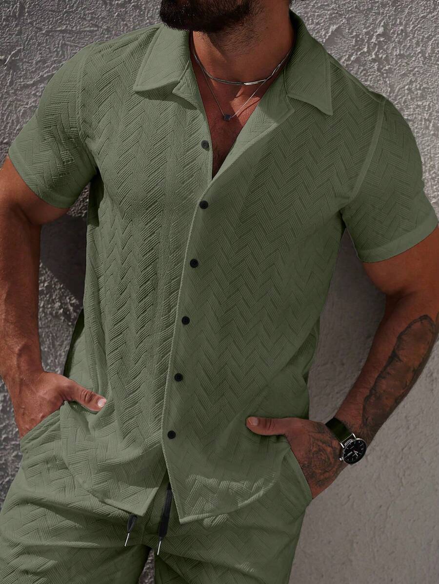 Mens Short Sleeve Shirt Solid Color Single-Breasted Casual – Vanto