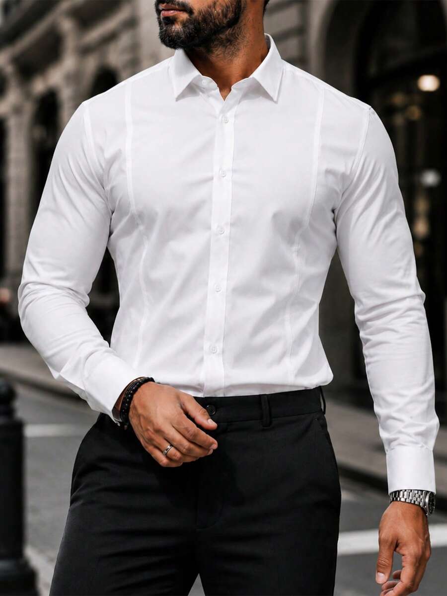 Shirt Shop Stand Collar Button-Up Long Sleeve Polyester Stretch – Marvo