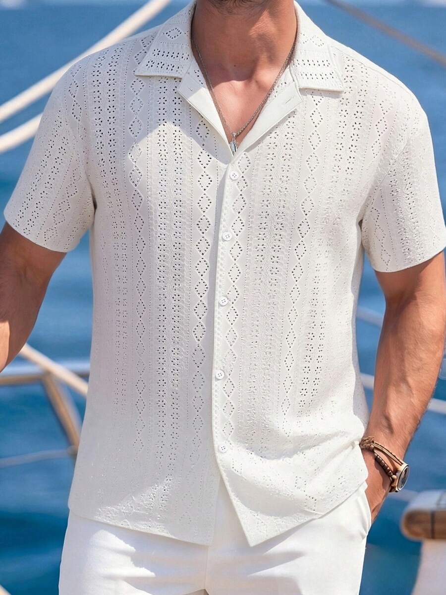 Mens Short Sleeve Crochet Shirt Jacquard Stripe Loose Fit – Darco