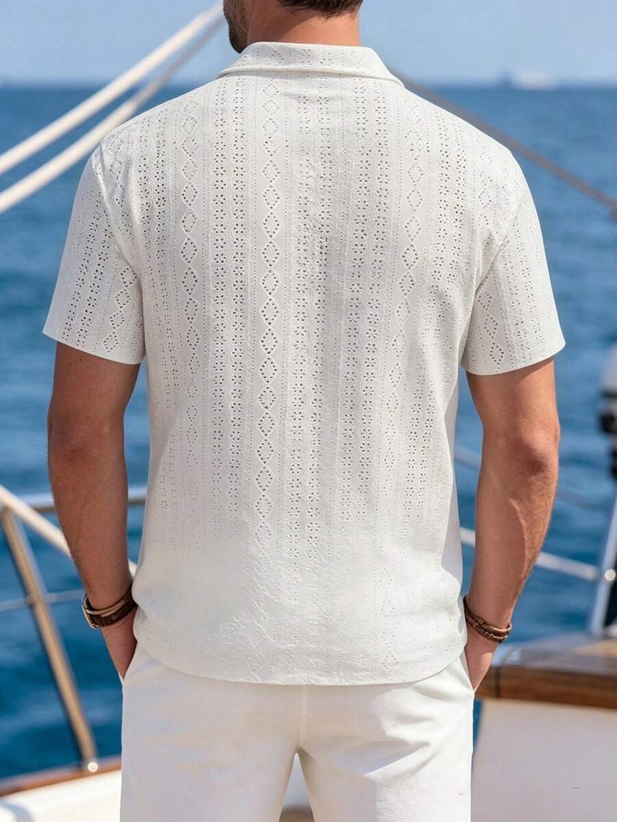 Mens Short Sleeve Crochet Shirt Jacquard Stripe Loose Fit – Darco