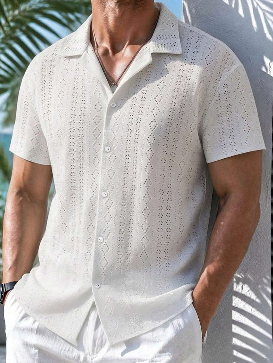 Mens Short Sleeve Crochet Shirt Jacquard Stripe Loose Fit – Darco