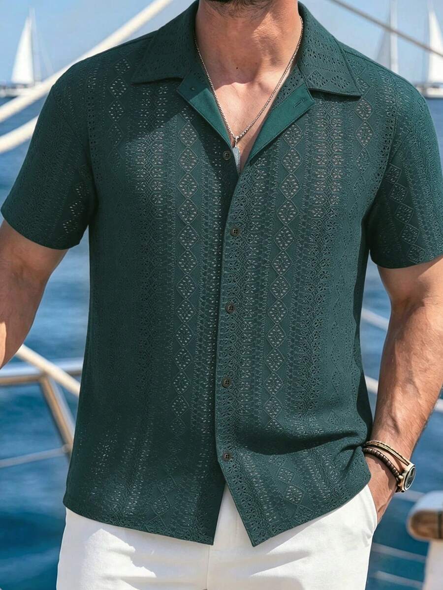 Mens Short Sleeve Crochet Shirt Jacquard Stripe Loose Fit – Darco