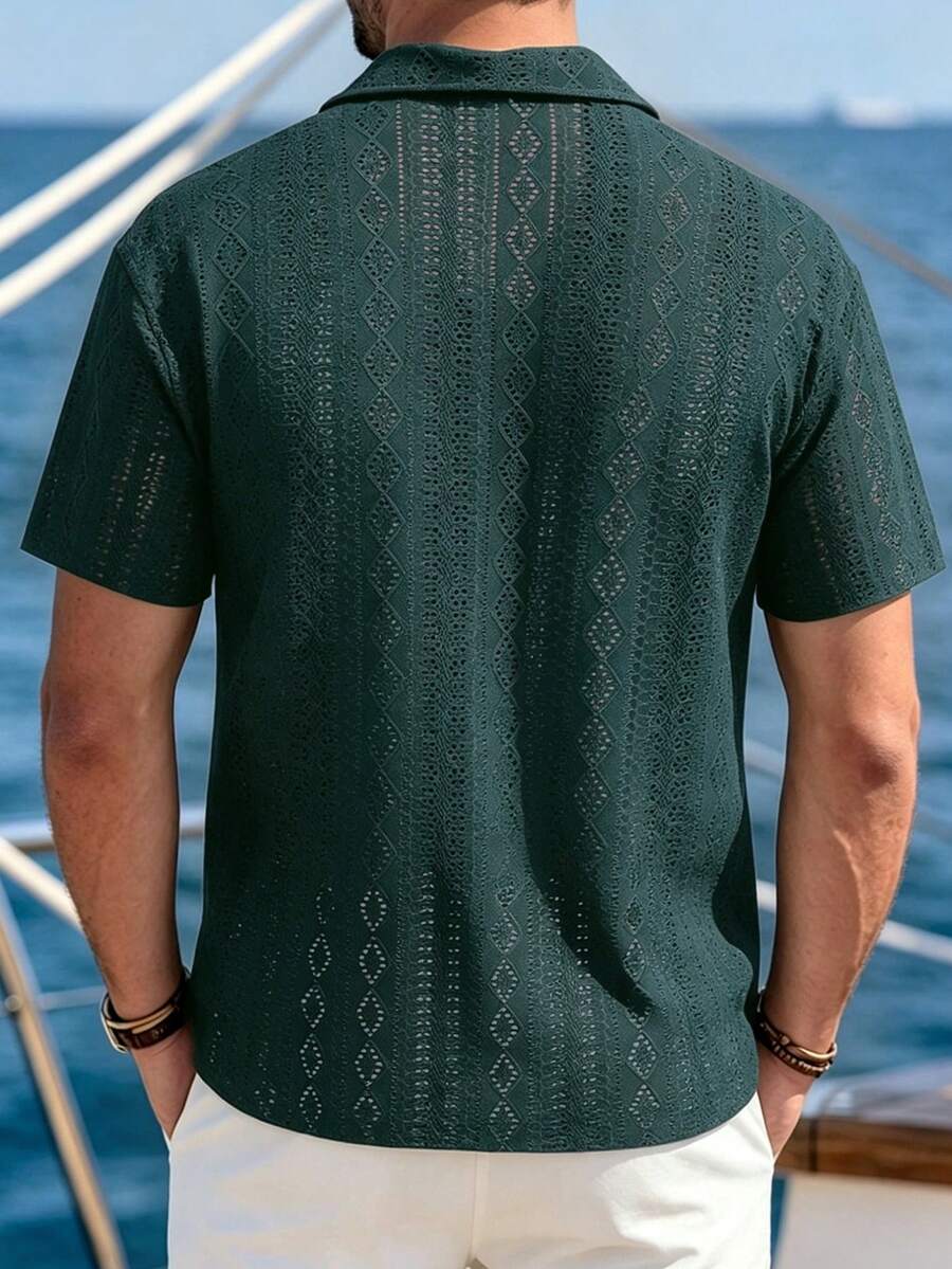 Mens Short Sleeve Crochet Shirt Jacquard Stripe Loose Fit – Darco