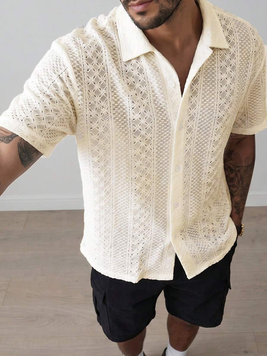 Mens Short Sleeve Crochet Shirt Jacquard Stripe Loose Fit – Darco
