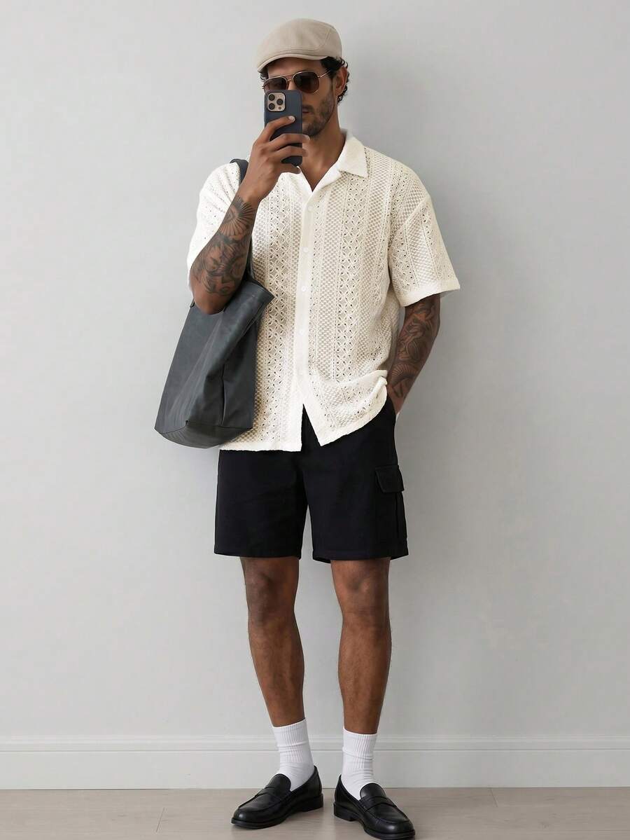 Mens Short Sleeve Crochet Shirt Jacquard Stripe Loose Fit – Darco