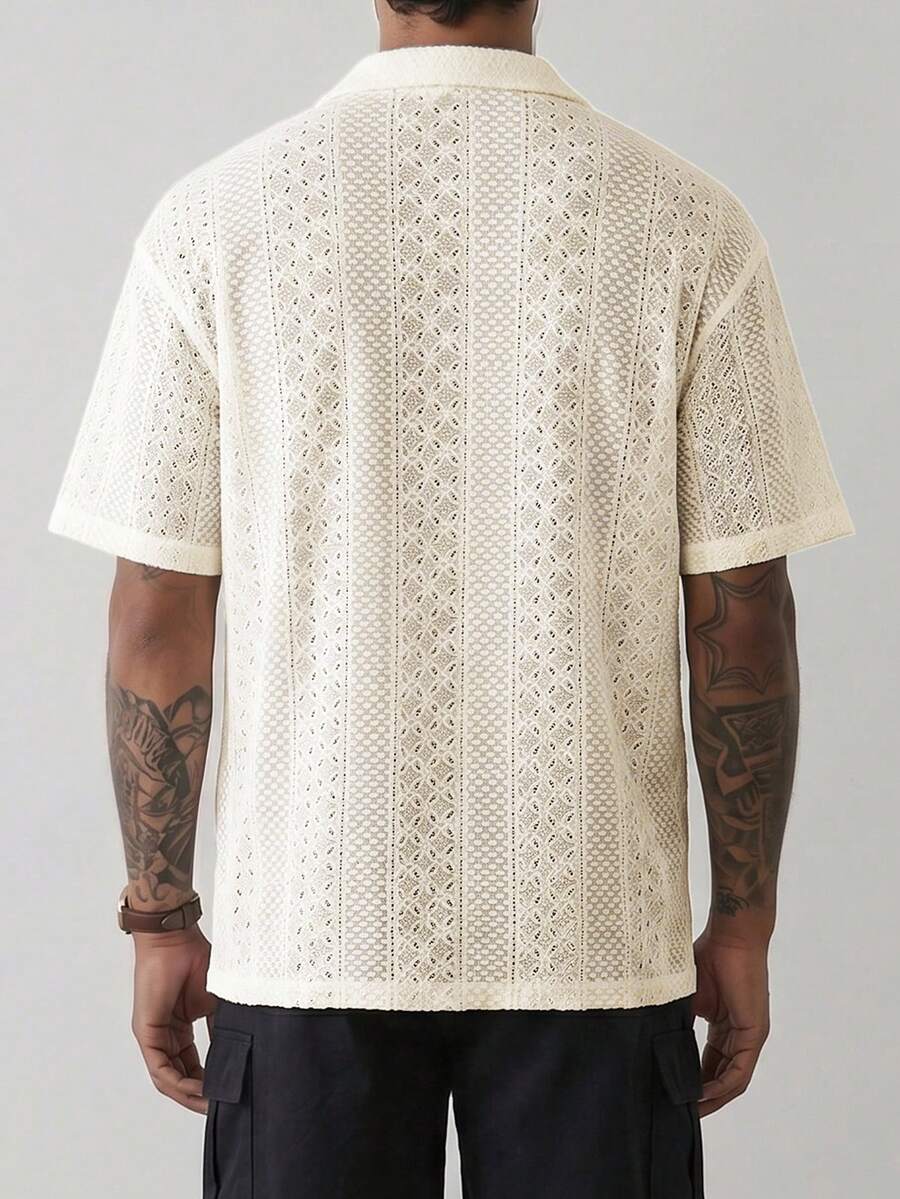 Mens Short Sleeve Crochet Shirt Jacquard Stripe Loose Fit – Darco