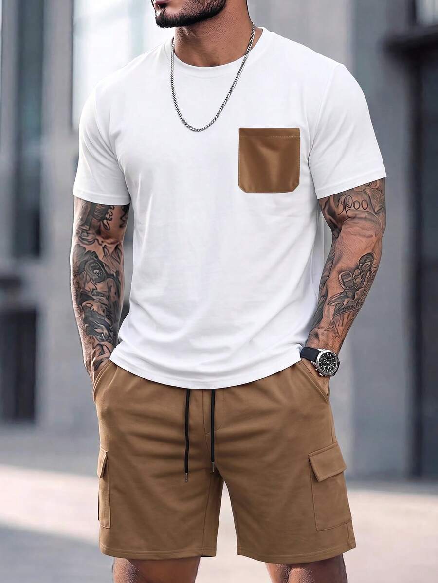 Mens T-Shirt and Shorts Set Color Block Crewneck Short Sleeve – Valco