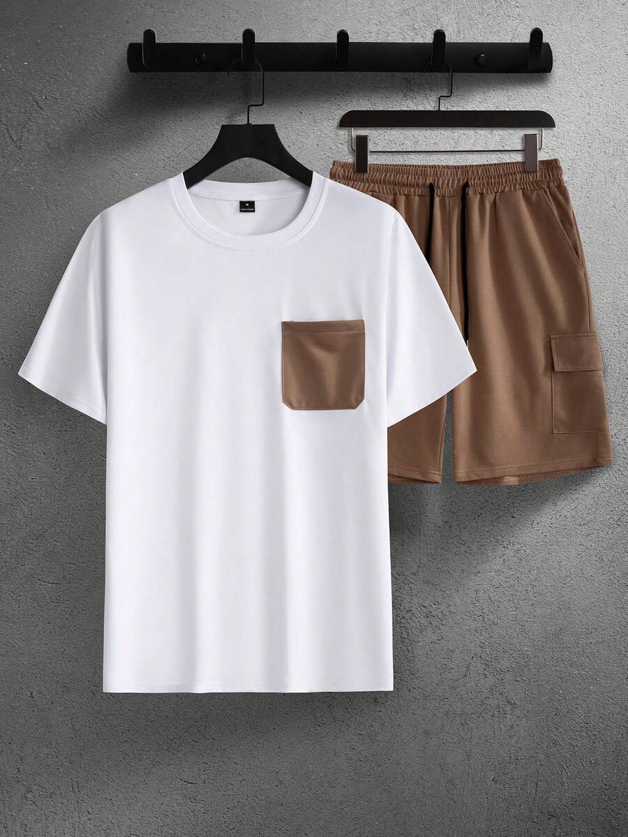 Mens T-Shirt and Shorts Set Color Block Crewneck Short Sleeve – Valco