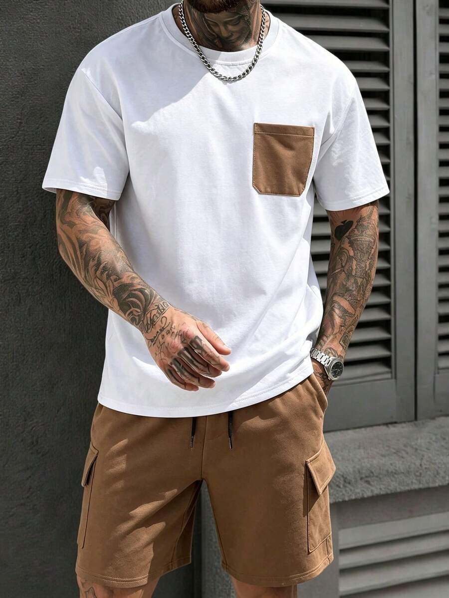 Mens T-Shirt and Shorts Set Color Block Crewneck Short Sleeve – Valco