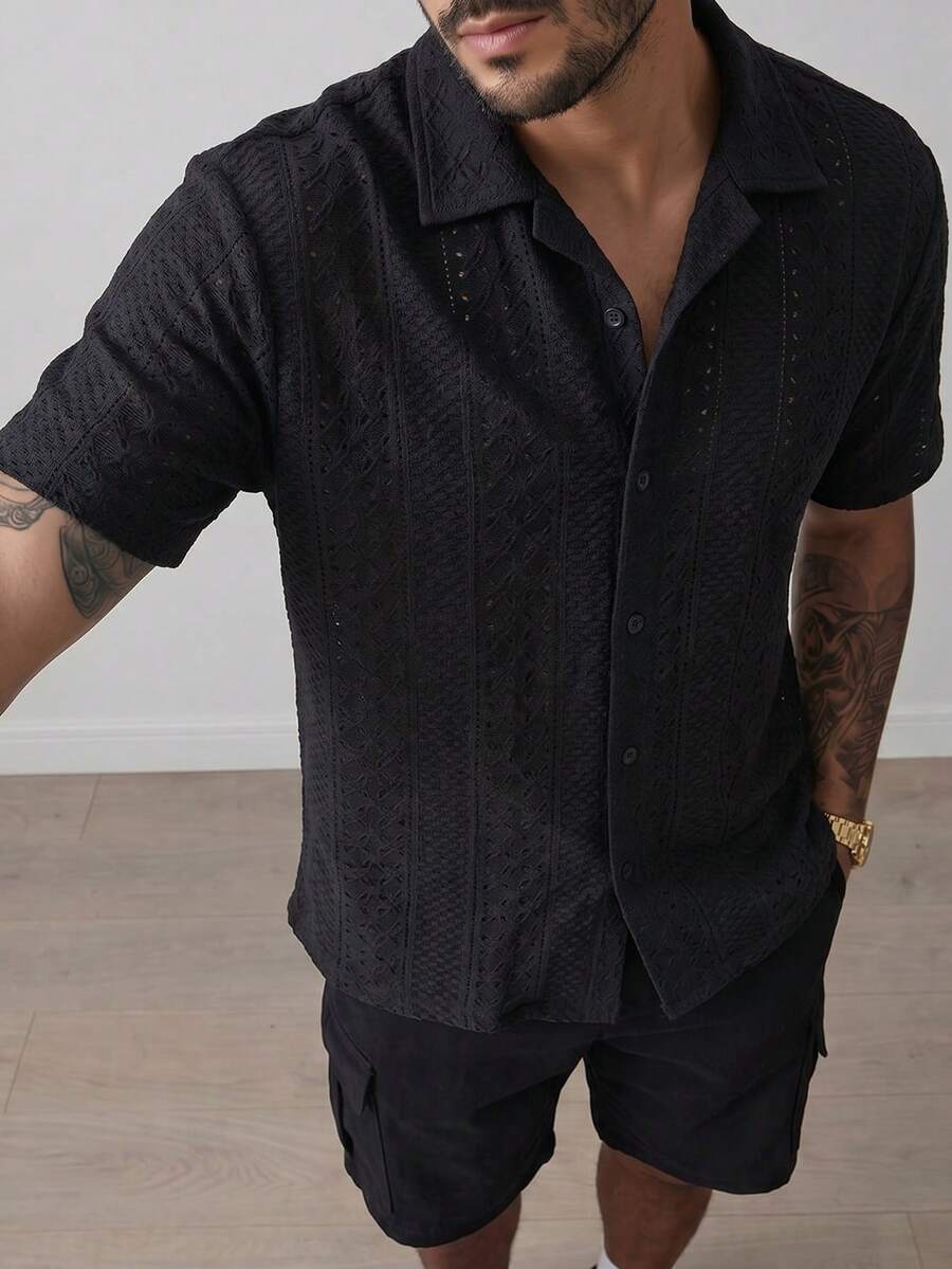 Mens Short Sleeve Crochet Shirt Jacquard Stripe Loose Fit – Darco