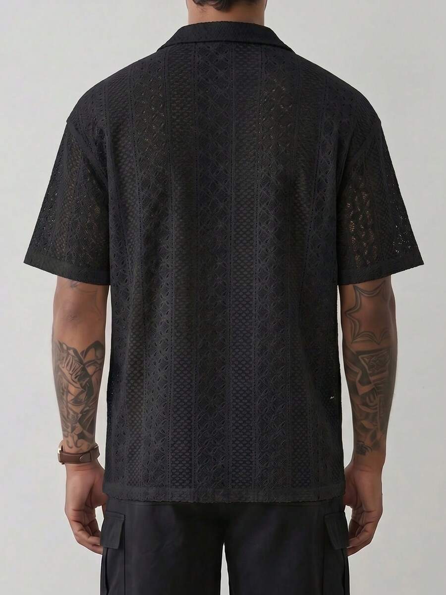 Mens Short Sleeve Crochet Shirt Jacquard Stripe Loose Fit – Darco