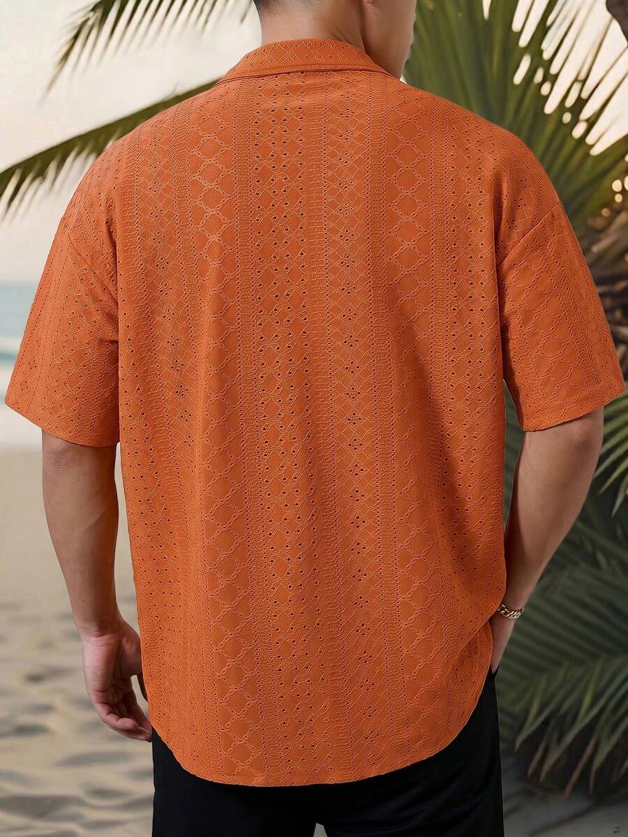 Mens Short Sleeve Crochet Shirt Jacquard Stripe Loose Fit – Darco