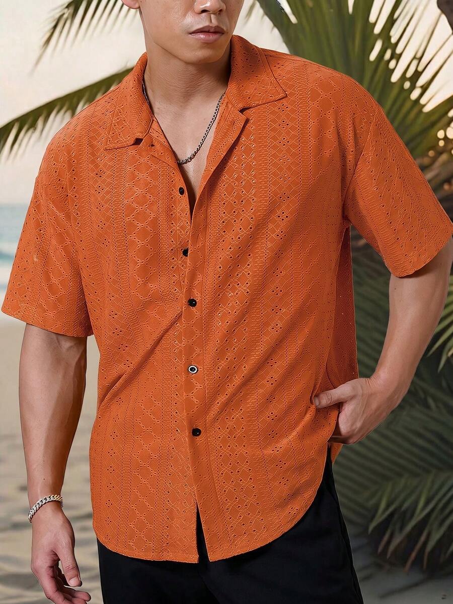 Mens Short Sleeve Crochet Shirt Jacquard Stripe Loose Fit – Darco