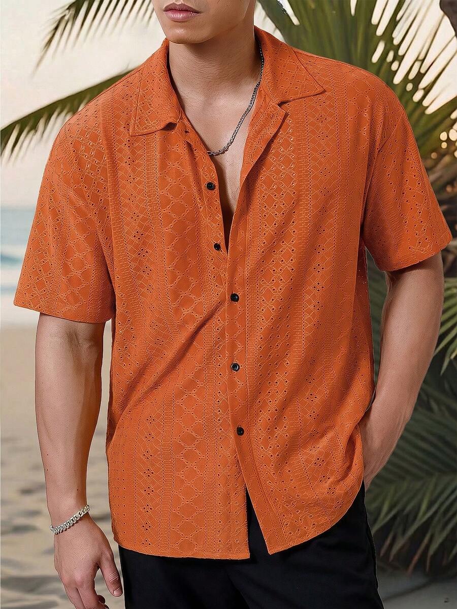 Mens Short Sleeve Crochet Shirt Jacquard Stripe Loose Fit – Darco